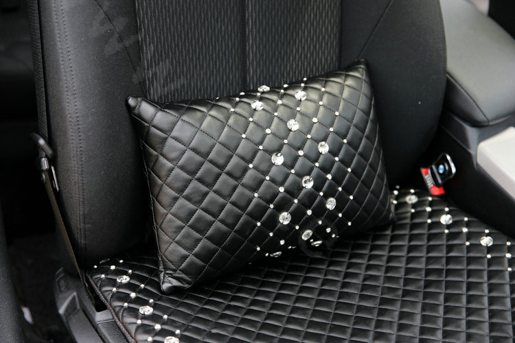 Elegant Women Rhinestone Auto Lumbar Pillow Genuine Sheepskin Support Cushion 1pcs - Black