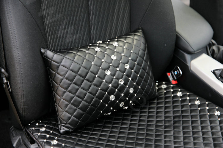 Elegant Women Rhinestone Auto Lumbar Pillow Genuine Sheepskin Support Cushion 1pcs - Black