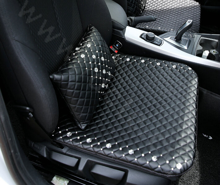 Elegant Women Rhinestone Auto Lumbar Pillow Genuine Sheepskin Support Cushion 1pcs - Black