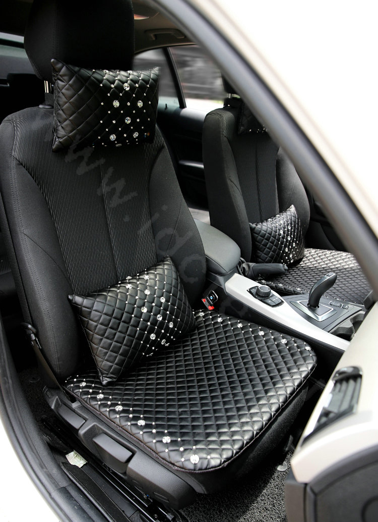 Elegant Women Rhinestone Auto Lumbar Pillow Genuine Sheepskin Support Cushion 1pcs - Black