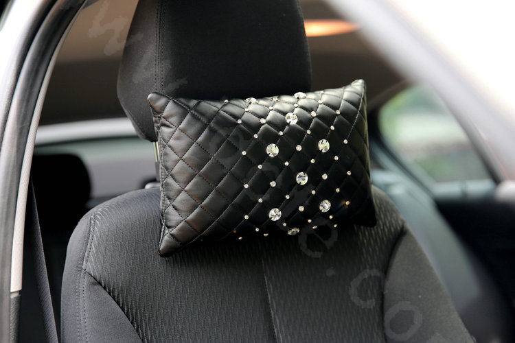 Elegant Women Rhinestone Car Headrest Genuine Sheepskin Neck Safety Pillow 1pcs - Black