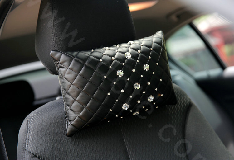 Elegant Women Rhinestone Car Headrest Genuine Sheepskin Neck Safety Pillow 1pcs - Black
