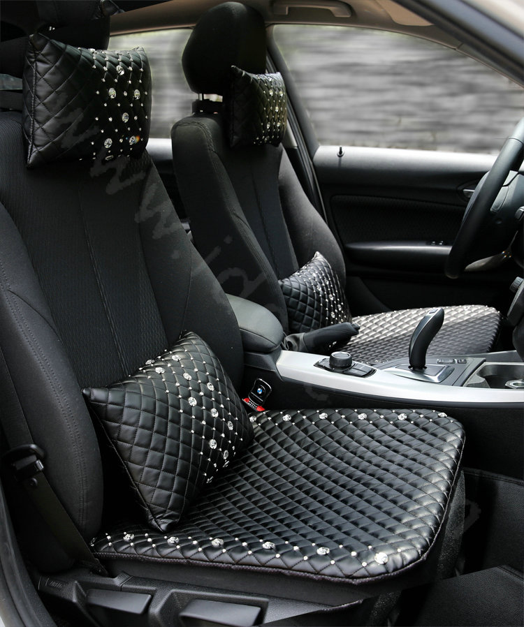 Elegant Women Rhinestone Car Headrest Genuine Sheepskin Neck Safety Pillow 1pcs - Black