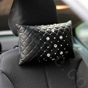 Elegant Women Rhinestone Car Headrest Genuine Sheepskin Neck Safety Pillow 1pcs - Black