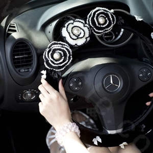 Fashion Bowknot Pearl Flower Genuine Wool Auto Steering Wheel Covers 14 inch 36CM - Black