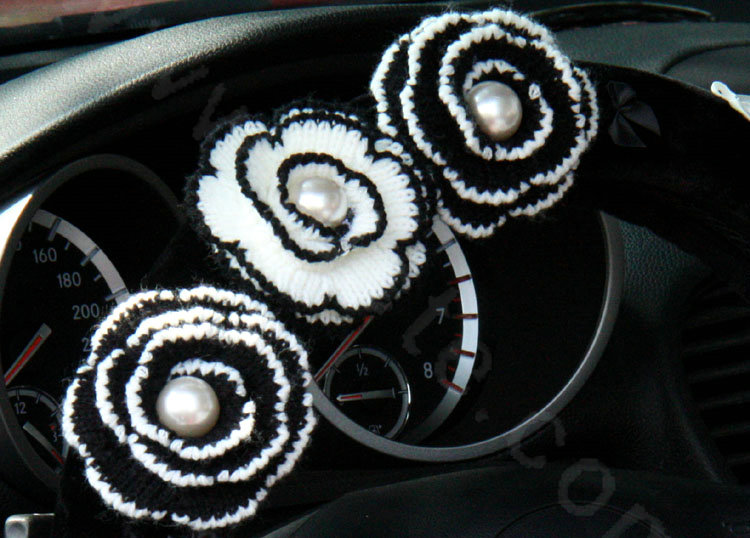 Fashion Bowknot Pearl Flower Genuine Wool Auto Steering Wheel Covers 15 inch 38CM - Black