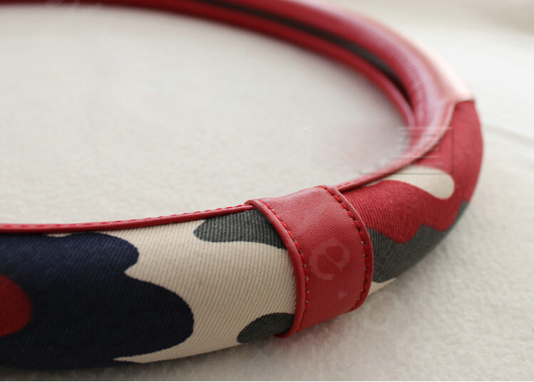 Fashion Camo Cloth With Leather Auto Grip Steering Wheel Covers 15 inch 38CM - Red