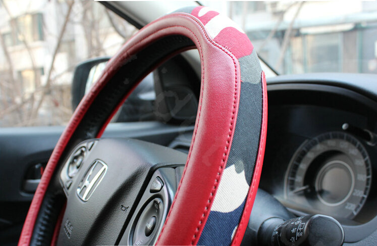 Fashion Camo Cloth With Leather Auto Grip Steering Wheel Covers 15 inch 38CM - Red