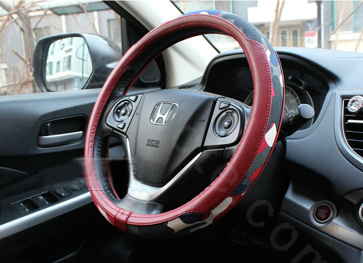 Fashion Camo Cloth With Leather Auto Grip Steering Wheel Covers 15 inch 38CM - Wine Red