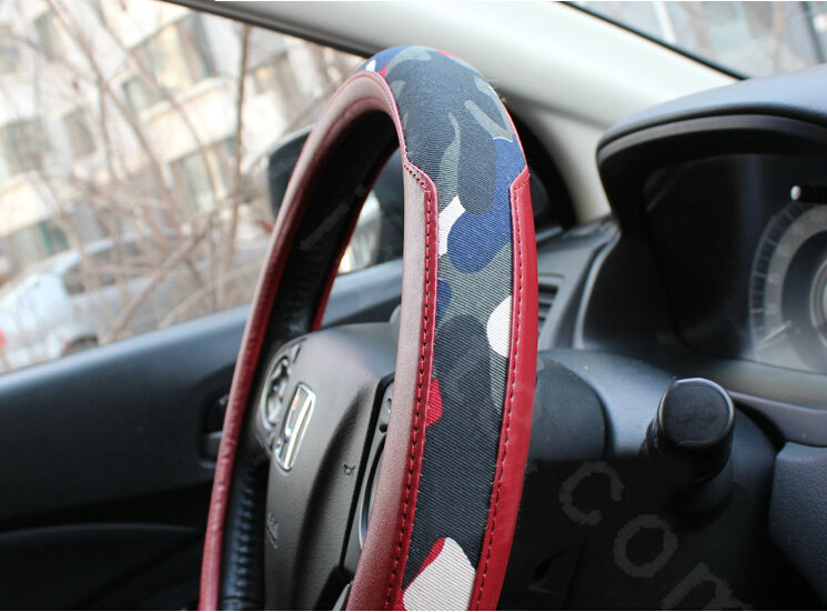 Fashion Camo Cloth With Leather Auto Grip Steering Wheel Covers 15 inch 38CM - Wine Red