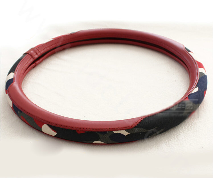 Fashion Camo Cloth With Leather Auto Grip Steering Wheel Covers 15 inch 38CM - Wine Red