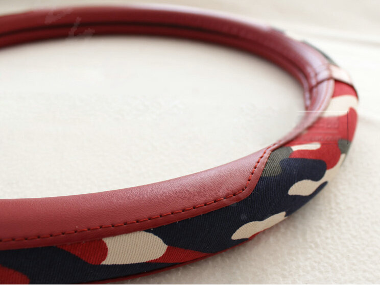 Fashion Camo Cloth With Leather Auto Grip Steering Wheel Covers 15 inch 38CM - Wine Red