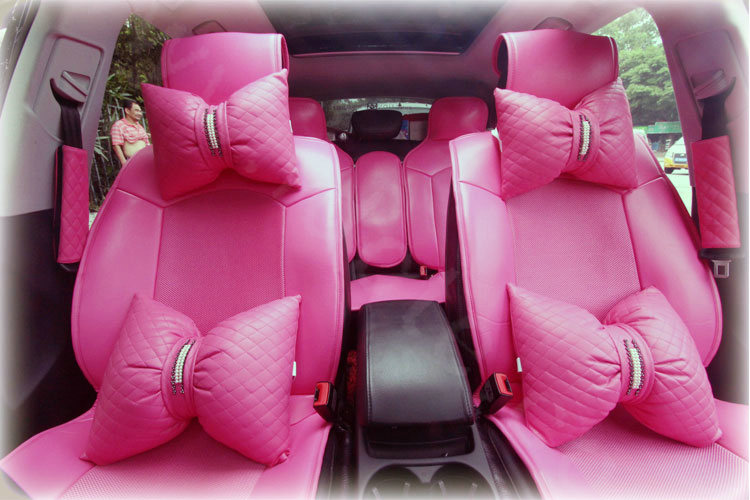 Fashion Cute PU Leather Universal Car Seat Covers Female Auto Cushion 4pcs Sets - Rose