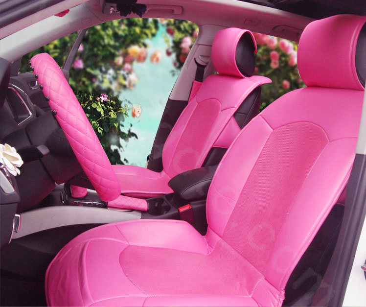Fashion Cute PU Leather Universal Car Seat Covers Female Auto Cushion 4pcs Sets - Rose
