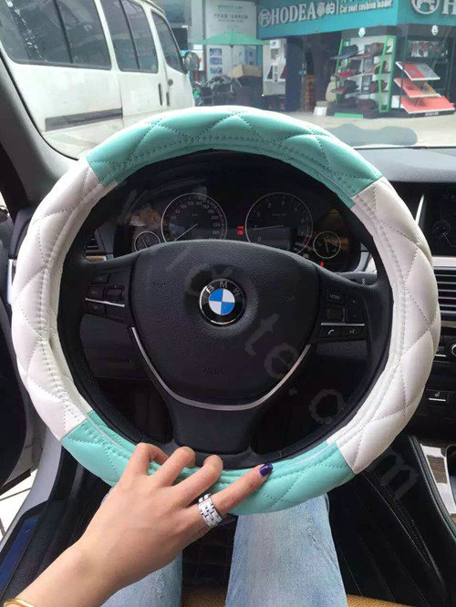 Fashion Diamond Sheepskin Leather Car Steering Wheel Covers 15 inch 38CM - Green White