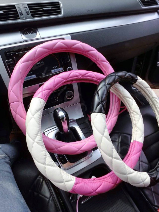 Fashion Diamond Sheepskin Leather Car Steering Wheel Covers 15 inch 38CM - Pink White
