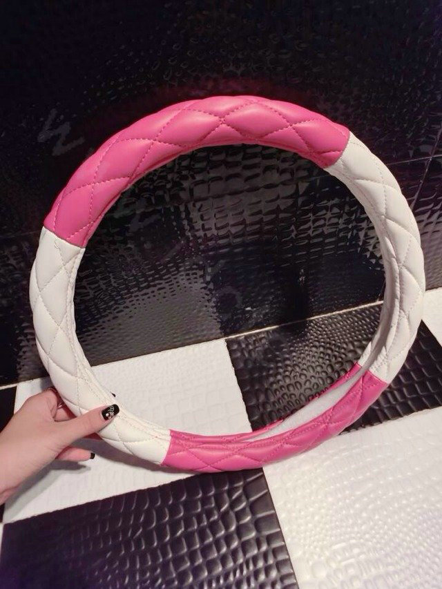 Fashion Diamond Sheepskin Leather Car Steering Wheel Covers 15 inch 38CM - Pink White