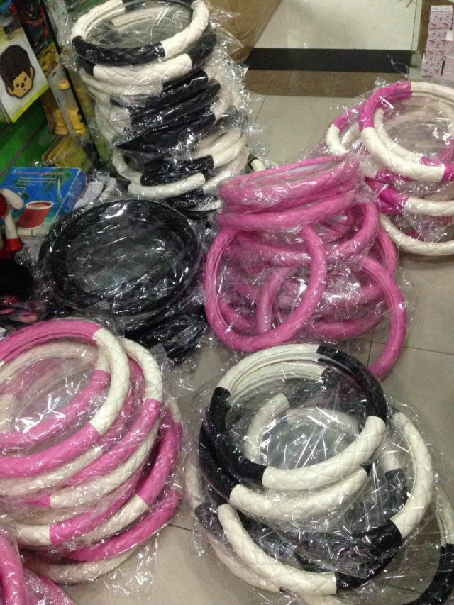 Fashion Diamond Sheepskin Leather Car Steering Wheel Covers 15 inch 38CM - Pink White