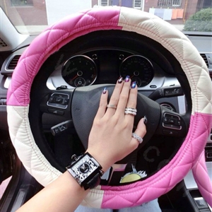 Fashion Diamond Sheepskin Leather Car Steering Wheel Covers 15 inch 38CM - Pink White