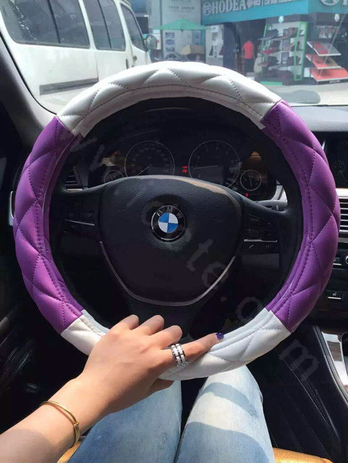 Fashion Diamond Sheepskin Leather Car Steering Wheel Covers 15 inch 38CM - Purple White