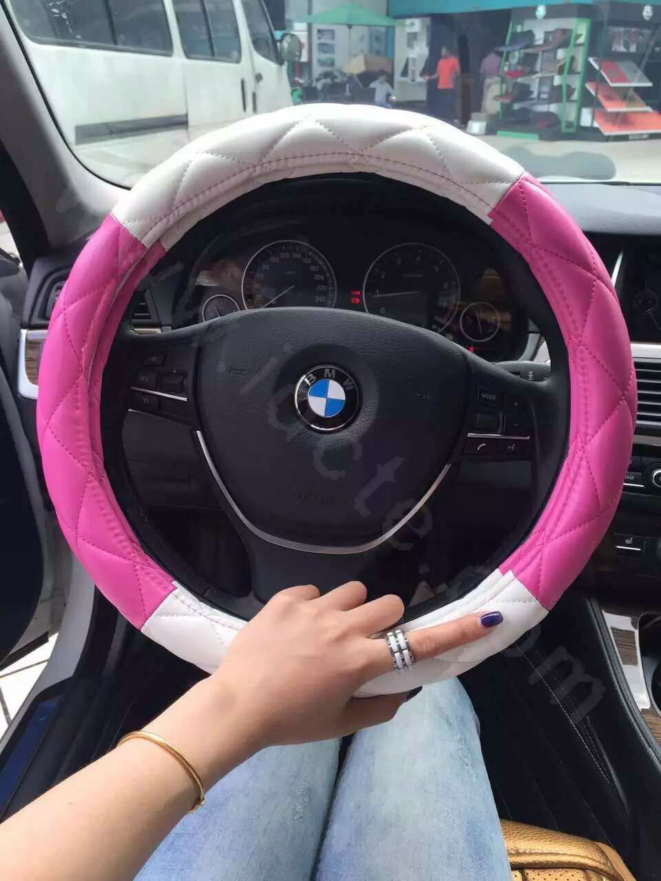 Fashion Diamond Sheepskin Leather Car Steering Wheel Covers 15 inch 38CM - Rose White