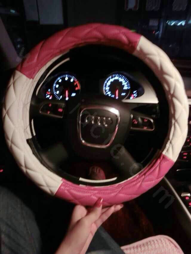 Fashion Diamond Sheepskin Leather Car Steering Wheel Covers 15 inch 38CM - Rose White