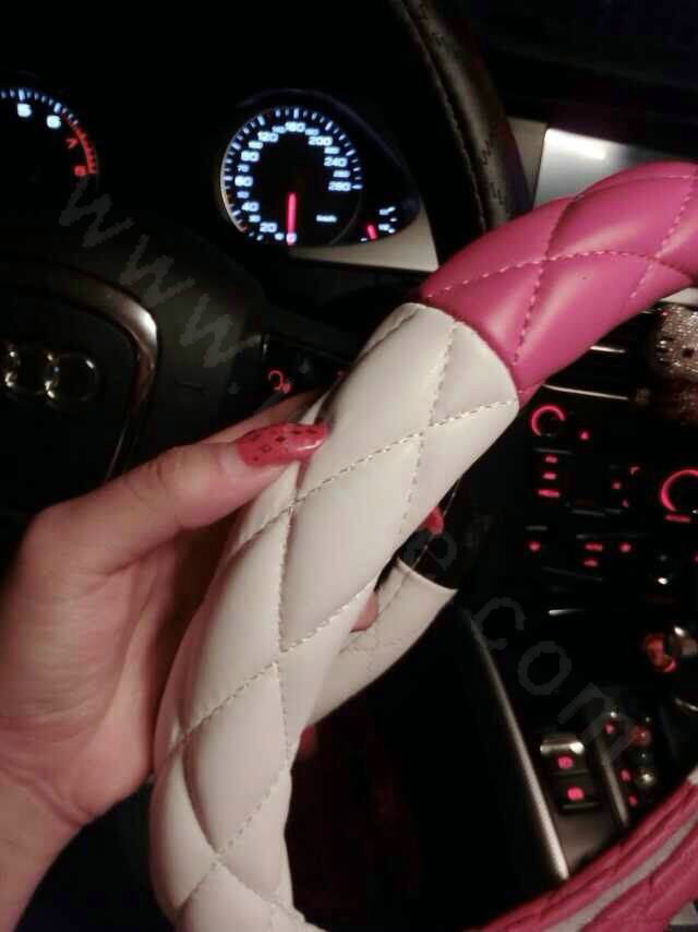 Fashion Diamond Sheepskin Leather Car Steering Wheel Covers 15 inch 38CM - Rose White