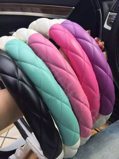 Fashion Diamond Sheepskin Leather Car Steering Wheel Covers 15 inch 38CM - Rose White
