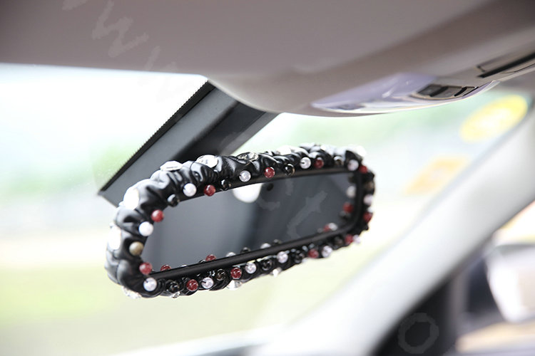 Fashion Female Crystal Beaded Genuine Sheepskin Car Rearview Mirror Elastic Covers - Black