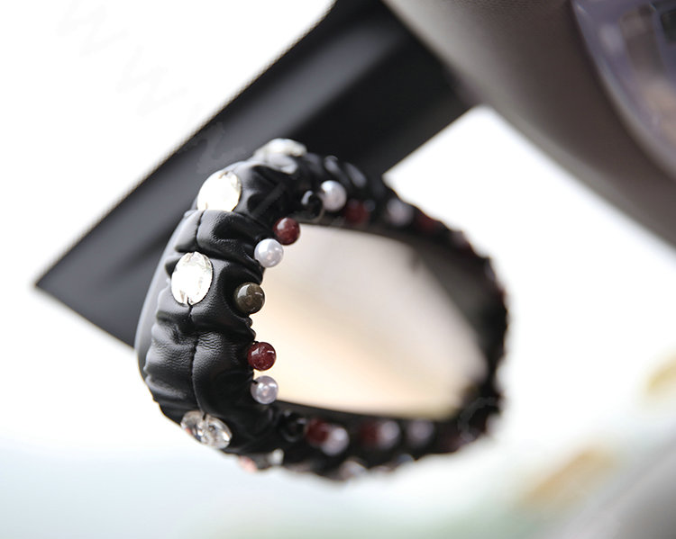 Fashion Female Crystal Beaded Genuine Sheepskin Car Rearview Mirror Elastic Covers - Black