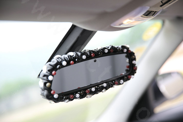 Fashion Female Crystal Beaded Genuine Sheepskin Car Rearview Mirror Elastic Covers - Black