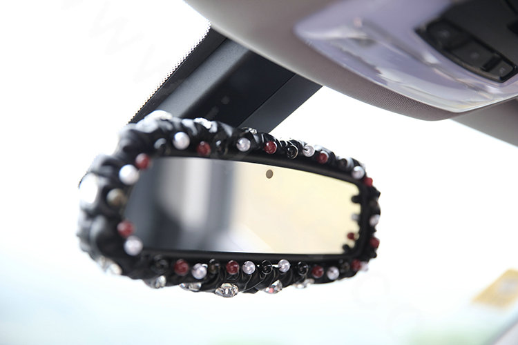 Fashion Female Crystal Beaded Genuine Sheepskin Car Rearview Mirror Elastic Covers - Black