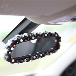 Fashion Female Crystal Beaded Genuine Sheepskin Car Rearview Mirror Elastic Covers - Black