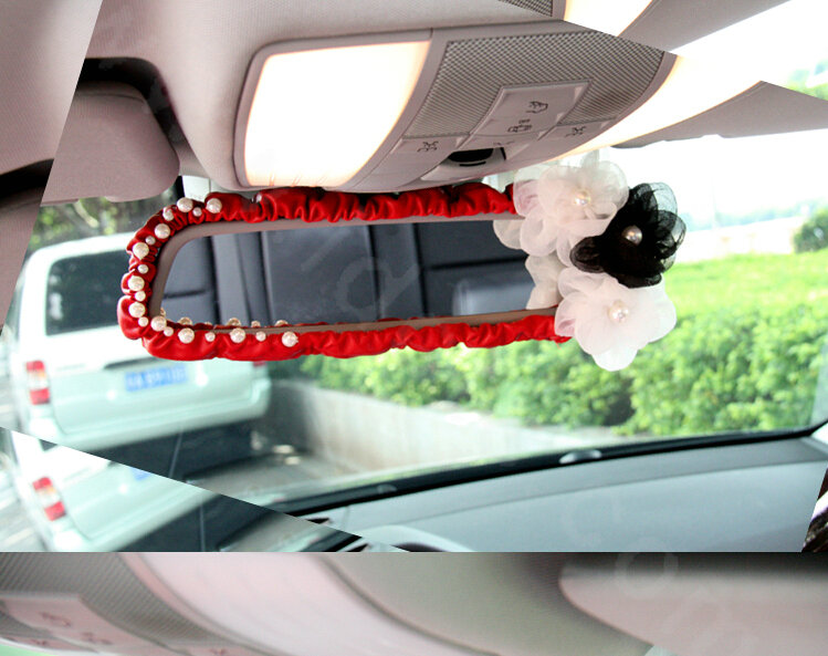 Fashion Female Pearl Lace Flower Genuine Sheepskin Car Rearview Mirror Elastic Covers - Red