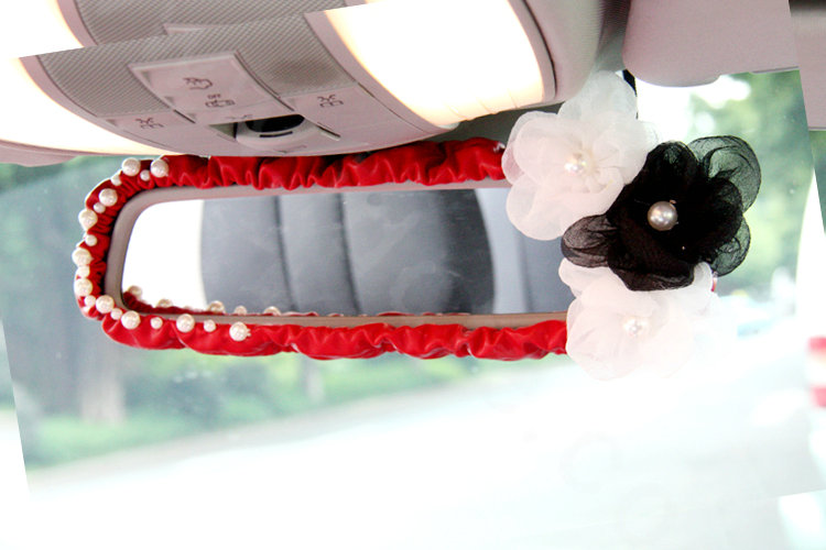 Fashion Female Pearl Lace Flower Genuine Sheepskin Car Rearview Mirror Elastic Covers - Red