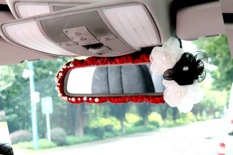 Fashion Female Pearl Lace Flower Genuine Sheepskin Car Rearview Mirror Elastic Covers - Red