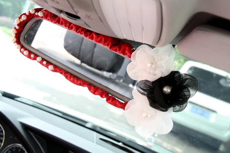 Fashion Female Pearl Lace Flower Genuine Sheepskin Car Rearview Mirror Elastic Covers - Red
