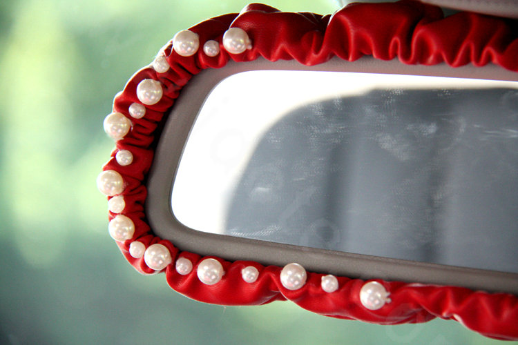 Fashion Female Pearl Lace Flower Genuine Sheepskin Car Rearview Mirror Elastic Covers - Red