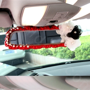 Fashion Female Pearl Lace Flower Genuine Sheepskin Car Rearview Mirror Elastic Covers - Red