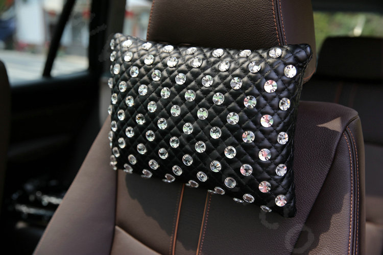 Fashion Full Rhinestone Car Headrest Genuine Sheepskin Neck Safety Pillow 1pcs - Black
