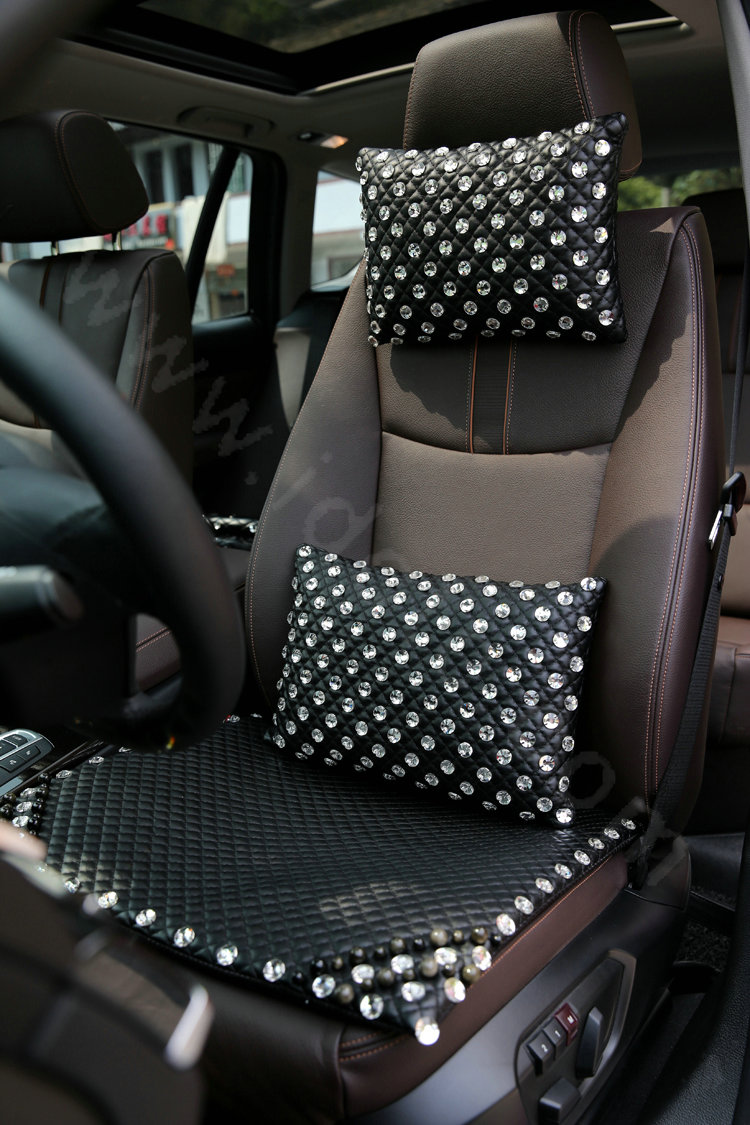 Fashion Full Rhinestone Car Headrest Genuine Sheepskin Neck Safety Pillow 1pcs - Black