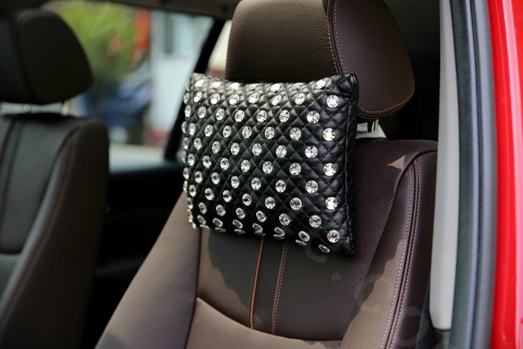 Fashion Full Rhinestone Car Headrest Genuine Sheepskin Neck Safety Pillow 1pcs - Black