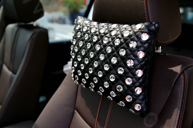 Fashion Full Rhinestone Car Headrest Genuine Sheepskin Neck Safety Pillow 1pcs - Black