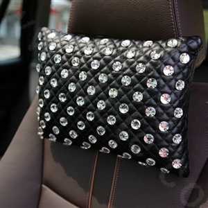 Fashion Full Rhinestone Car Headrest Genuine Sheepskin Neck Safety Pillow 1pcs - Black