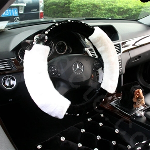 Fashion Genuine Wool With Rabbit Fur Diamond Auto Steering Wheel Covers 14 inch 36CM - Black