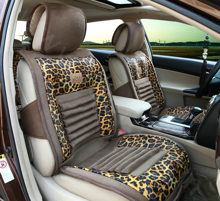 Fashion Gold Leopard Print Universal Car Seat Cushion PU Leather Velvet 10pcs Set - Brown