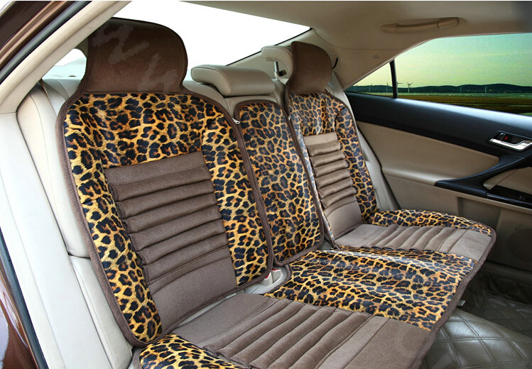 Fashion Gold Leopard Print Universal Car Seat Cushion PU Leather Velvet 10pcs Set - Brown
