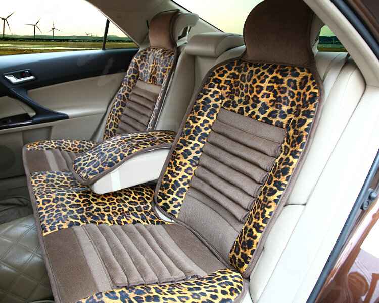 Fashion Gold Leopard Print Universal Car Seat Cushion PU Leather Velvet 10pcs Set - Brown