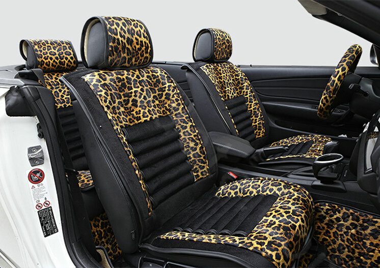 Fashion Leopard Print Female Universal Car Seat Cushion PU Leather Flocking 10pcs Set - Golden