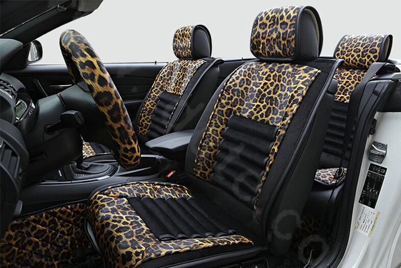 Fashion Leopard Print Female Universal Car Seat Cushion PU Leather Flocking 10pcs Set - Golden